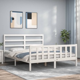 Double bed frame with white solid wood headboard by vidaXL, Beds and slatted bases - Ref: Foro24-3191912, Price: 134,99 €, Di...