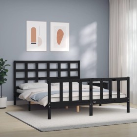 Double bed frame with black solid wood headboard by vidaXL, Beds and slatted bases - Ref: Foro24-3192110, Price: 180,63 €, Di...