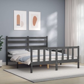 Gray solid wood bed frame with headboard 160x200 cm by vidaXL, Beds and slatted bases - Ref: Foro24-3192048, Price: 150,99 €,...