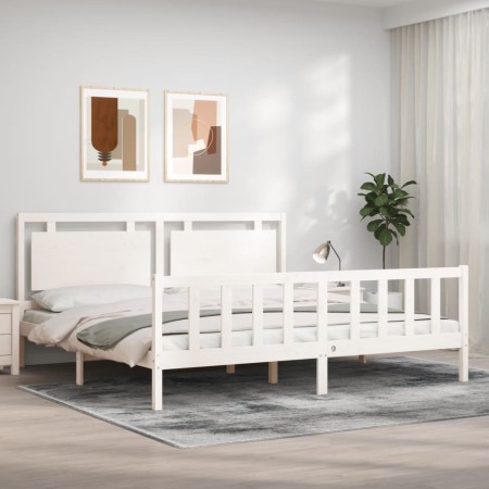 White solid wood bed frame with headboard 180x200 cm by vidaXL, Beds and slatted bases - Ref: Foro24-3192182, Price: 198,11 €...