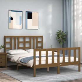 Double bed frame with honey brown wooden headboard by vidaXL, Beds and slatted bases - Ref: Foro24-3191979, Price: 163,74 €, ...