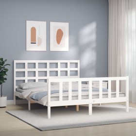 White solid wood bed frame with headboard 160x200 cm by vidaXL, Beds and slatted bases - Ref: Foro24-3192112, Price: 150,20 €...