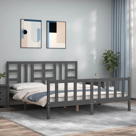 Gray solid wood bed frame with headboard 180x200 cm by vidaXL, Beds and slatted bases - Ref: Foro24-3191988, Price: 174,99 €,...