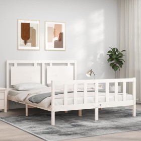 Double bed frame with white solid wood headboard by vidaXL, Beds and slatted bases - Ref: Foro24-3192172, Price: 174,99 €, Di...