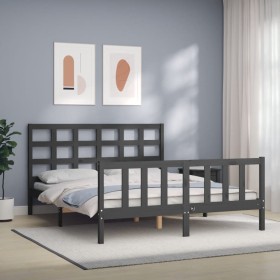 Double bed frame with gray solid wood headboard by vidaXL, Beds and slatted bases - Ref: Foro24-3192108, Price: 164,89 €, Dis...