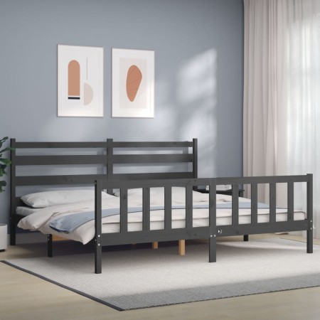 Gray solid wood bed frame with headboard 200x200 cm by vidaXL, Beds and slatted bases - Ref: Foro24-3192058, Price: 162,99 €,...