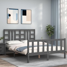 Gray solid wood bed frame with headboard 160x200 cm by vidaXL, Beds and slatted bases - Ref: Foro24-3191983, Price: 155,55 €,...