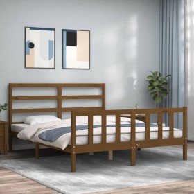 Double bed frame with honey brown wooden headboard by vidaXL, Beds and slatted bases - Ref: Foro24-3191914, Price: 148,99 €, ...