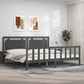 Gray solid wood bed frame with headboard 200x200 cm by vidaXL, Beds and slatted bases - Ref: Foro24-3192188, Price: 186,99 €,...