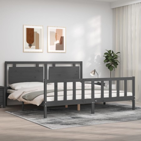 Gray solid wood bed frame with headboard 200x200 cm by vidaXL, Beds and slatted bases - Ref: Foro24-3192188, Price: 186,13 €,...