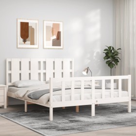 Double bed frame with white solid wood headboard by vidaXL, Beds and slatted bases - Ref: Foro24-3192237, Price: 157,99 €, Di...