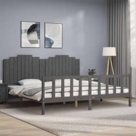 Gray solid wood bed frame with headboard 200x200 cm by vidaXL, Beds and slatted bases - Ref: Foro24-3192318, Price: 188,99 €,...