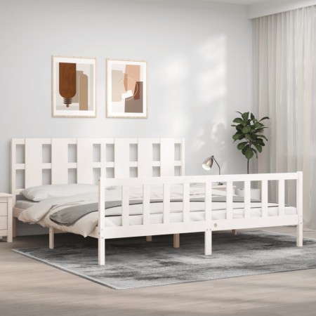 White solid wood bed frame with headboard 180x200 cm by vidaXL, Beds and slatted bases - Ref: Foro24-3192247, Price: 184,17 €...