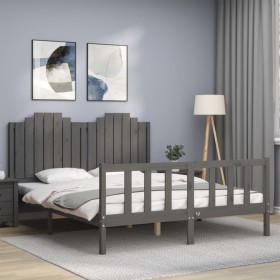 Gray solid wood bed frame with headboard 160x200 cm by vidaXL, Beds and slatted bases - Ref: Foro24-3192308, Price: 213,99 €,...