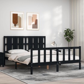 Double bed frame with black solid wood headboard by vidaXL, Beds and slatted bases - Ref: Foro24-3192240, Price: 197,99 €, Di...