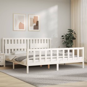 White solid wood bed frame with headboard 200x200 cm by vidaXL, Beds and slatted bases - Ref: Foro24-3192447, Price: 178,99 €...