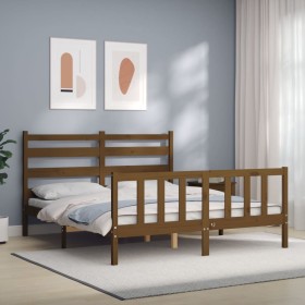 Double bed frame with honey brown wooden headboard by vidaXL, Beds and slatted bases - Ref: Foro24-3192044, Price: 148,99 €, ...