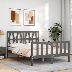 Gray solid wood bed frame with headboard 140x190 cm by vidaXL, Beds and slatted bases - Ref: Foro24-3192473, Price: 144,99 €,...