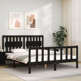 Double bed frame with black solid wood headboard by vidaXL, Beds and slatted bases - Ref: Foro24-3192435, Price: 198,27 €, Di...