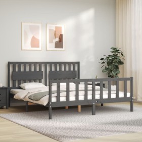 Double bed frame with gray solid wood headboard by vidaXL, Beds and slatted bases - Ref: Foro24-3192443, Price: 176,99 €, Dis...