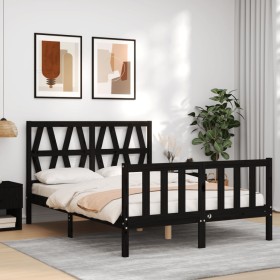 Double bed frame with black solid wood headboard by vidaXL, Beds and slatted bases - Ref: Foro24-3192465, Price: 168,72 €, Di...