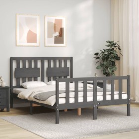 Gray solid wood bed frame with headboard 140x200 cm by vidaXL, Beds and slatted bases - Ref: Foro24-3192428, Price: 169,71 €,...