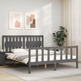 Double bed frame with gray solid wood headboard by vidaXL, Beds and slatted bases - Ref: Foro24-3192433, Price: 181,94 €, Dis...