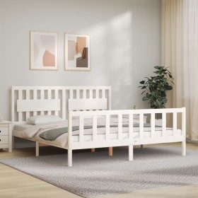 Double bed frame with white solid wood headboard by vidaXL, Beds and slatted bases - Ref: Foro24-3192442, Price: 188,03 €, Di...