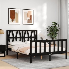 Bed frame with black solid wood headboard 140x200 cm by vidaXL, Beds and slatted bases - Ref: Foro24-3192495, Price: 191,54 €...