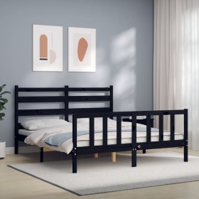 Double bed frame with black solid wood headboard by vidaXL, Beds and slatted bases - Ref: Foro24-3192045, Price: 178,51 €, Di...