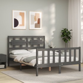 Double bed frame with gray solid wood headboard by vidaXL, Beds and slatted bases - Ref: Foro24-3192528, Price: 157,89 €, Dis...