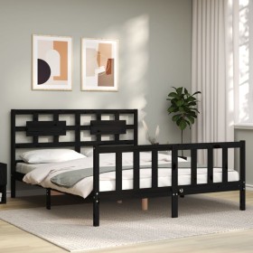 Double bed frame with black solid wood headboard by vidaXL, Beds and slatted bases - Ref: Foro24-3192565, Price: 189,81 €, Di...