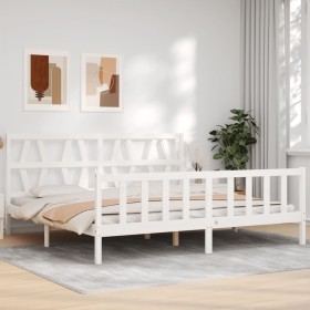 Double bed frame with white solid wood headboard by vidaXL, Beds and slatted bases - Ref: Foro24-3192507, Price: 161,99 €, Di...