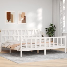 White solid wood bed frame with headboard 200x200 cm by vidaXL, Beds and slatted bases - Ref: Foro24-3192512, Price: 152,08 €...