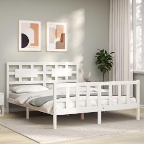 Double bed frame with white solid wood headboard by vidaXL, Beds and slatted bases - Ref: Foro24-3192562, Price: 148,99 €, Di...