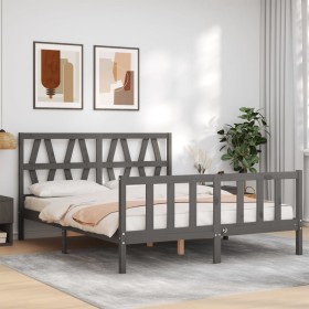 Gray solid wood bed frame with headboard 160x200 cm by vidaXL, Beds and slatted bases - Ref: Foro24-3192503, Price: 157,99 €,...