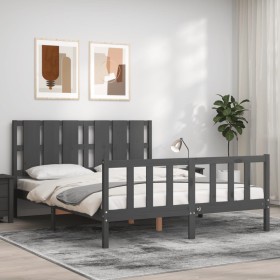 Gray solid wood bed frame with headboard 160x200 cm by vidaXL, Beds and slatted bases - Ref: Foro24-3192243, Price: 172,99 €,...