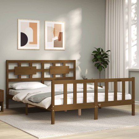 Double bed frame with honey brown wooden headboard by vidaXL, Beds and slatted bases - Ref: Foro24-3192564, Price: 165,06 €, ...