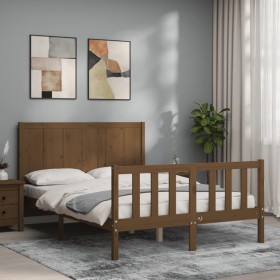 Double bed frame with honey brown wooden headboard by vidaXL, Beds and slatted bases - Ref: Foro24-3192594, Price: 143,31 €, ...