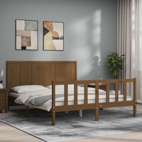 Double bed frame with honey brown wooden headboard by vidaXL, Beds and slatted bases - Ref: Foro24-3192629, Price: 171,99 €, ...