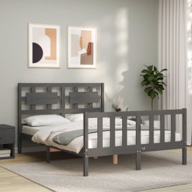 Gray solid wood bed frame with headboard 120x200 cm by vidaXL, Beds and slatted bases - Ref: Foro24-3192553, Price: 147,78 €,...