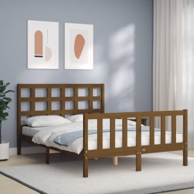 Double bed frame with honey brown wooden headboard by vidaXL, Beds and slatted bases - Ref: Foro24-3192074, Price: 131,99 €, ...