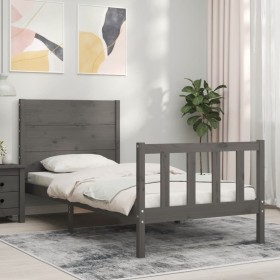 Gray solid wood bed frame with headboard 90x200 cm by vidaXL, Beds and slatted bases - Ref: Foro24-3192738, Price: 123,99 €, ...