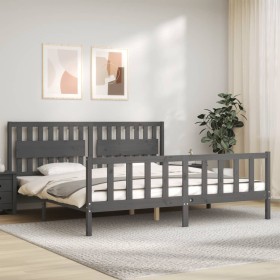 Gray solid wood bed frame with headboard 200x200 cm by vidaXL, Beds and slatted bases - Ref: Foro24-3192448, Price: 180,08 €,...