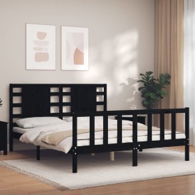 Double bed frame with black solid wood headboard by vidaXL, Beds and slatted bases - Ref: Foro24-3192825, Price: 191,53 €, Di...