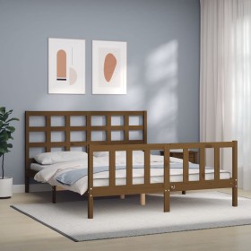 Double bed frame with honey brown wooden headboard by vidaXL, Beds and slatted bases - Ref: Foro24-3192109, Price: 155,99 €, ...