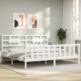 White solid wood bed frame with headboard 200x200 cm by vidaXL, Beds and slatted bases - Ref: Foro24-3192577, Price: 154,99 €...