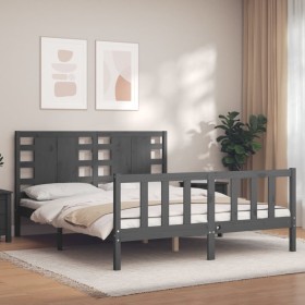 Gray solid wood bed frame with headboard 160x200 cm by vidaXL, Beds and slatted bases - Ref: Foro24-3192828, Price: 173,99 €,...