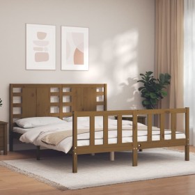 Double bed frame with honey brown wooden headboard by vidaXL, Beds and slatted bases - Ref: Foro24-3192824, Price: 167,80 €, ...