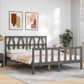 Estructura de cama matrimonio con cabecero madera maciza gris de vidaXL, Camas y somieres - Ref: Foro24-3192498, Precio: 168,...